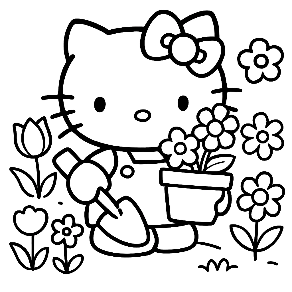 Hello Kitty gardening with colorful flowers